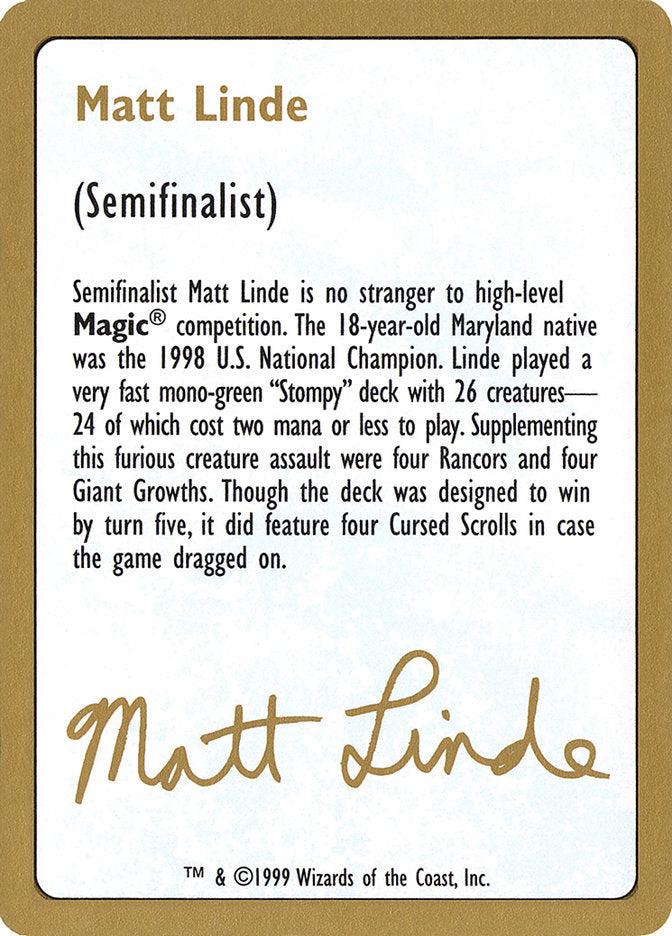 Matt Linde Bio [World Championship Decks 1999] | GrognardGamesBatavia