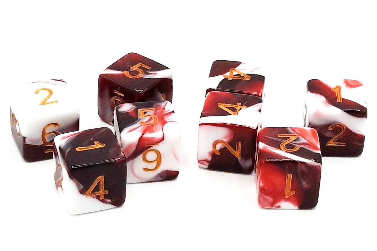 Old School 8-Piece D6 Dice Set: Vorpal - Blood Red & White w/ Gold | GrognardGamesBatavia
