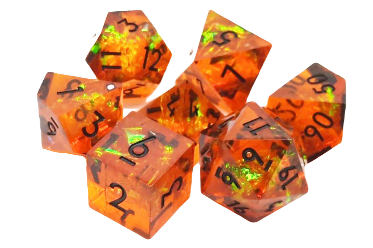 Old School 7 Piece DnD RPG Dice Set: Sharp Edged - Exploding Pumpkins | GrognardGamesBatavia