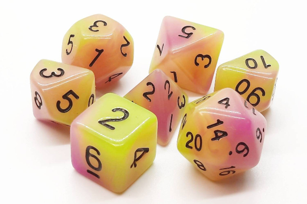 Old School 7 Piece DnD RPG Dice Set: Glow Dice - Yellow & Purple | GrognardGamesBatavia