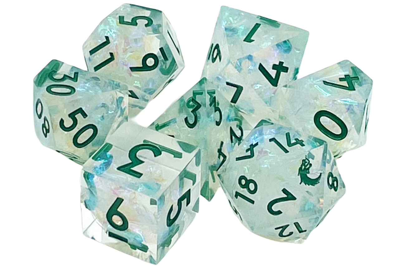 Old School 7 Piece DnD RPG Dice Set: Sharp Edged - Green Ice | GrognardGamesBatavia