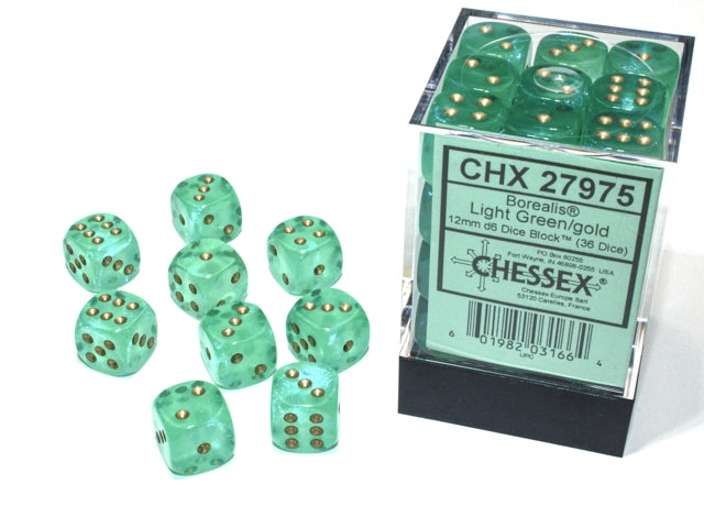 CHX27975 Borealis Light Green/gold 36 D6 set | GrognardGamesBatavia