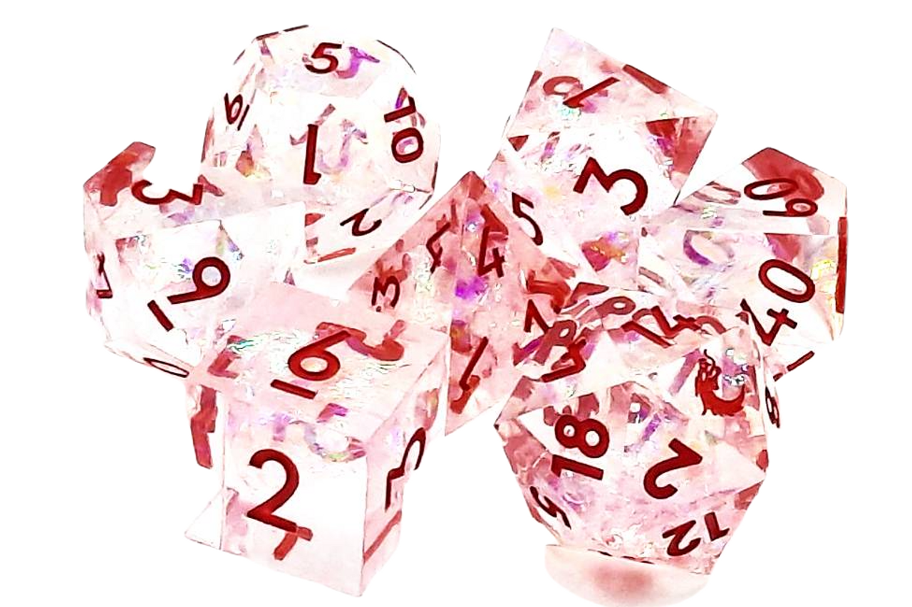 Old School 7 Piece DnD RPG Dice Set: Sharp Edged - Red Ice | GrognardGamesBatavia