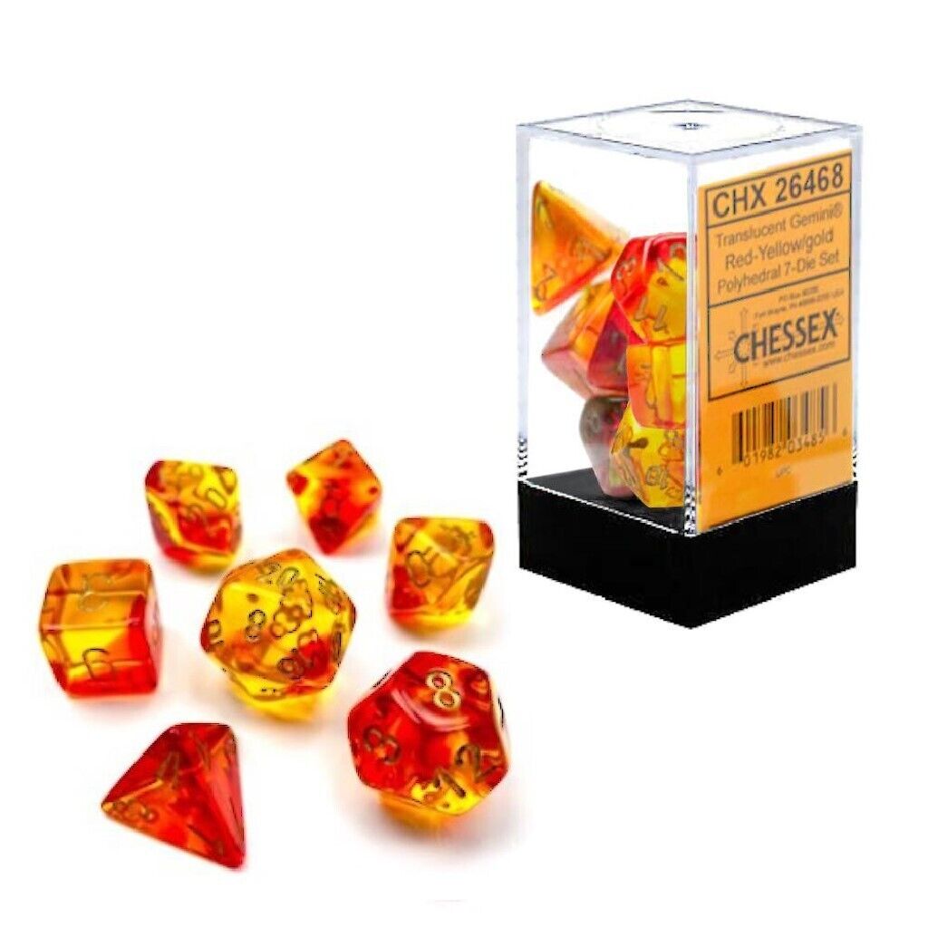 CHX26468 Polyhedral 7-Die Set: Gemini: Translucent Red-Yellow/Gold | GrognardGamesBatavia