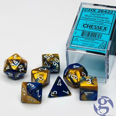 CHX26422 Gemini Blue-Gold/white 7 dice set | GrognardGamesBatavia