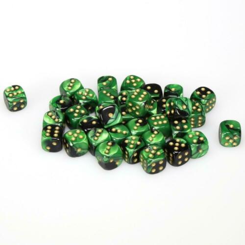 CHX26839 Gemini Black-Green/gold 36 D6 set | GrognardGamesBatavia