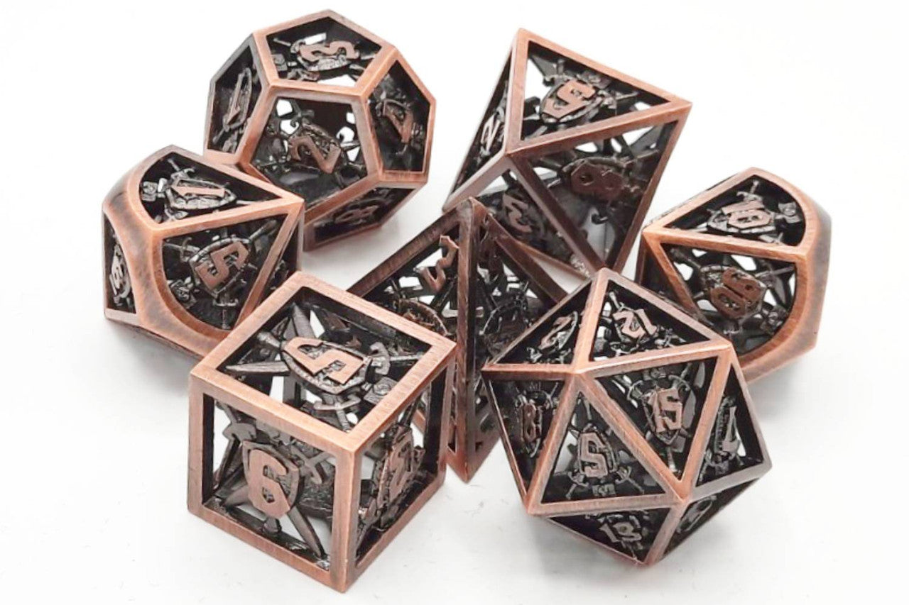 Hollow Sword and Shield Dice - Brushed Copper | GrognardGamesBatavia