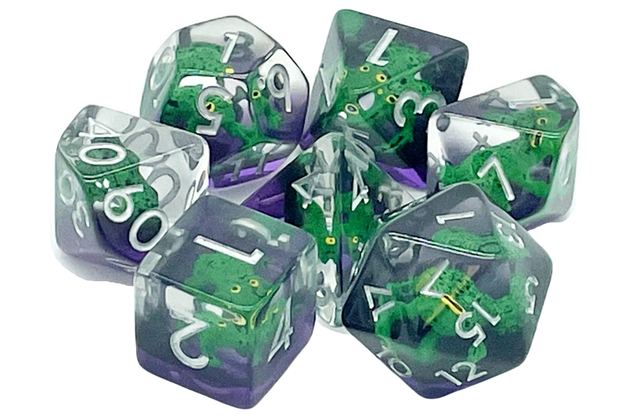 Old School 7 Piece DnD RPG Dice Set: Animal Kingdom - Toad - Green w/ Purple | GrognardGamesBatavia